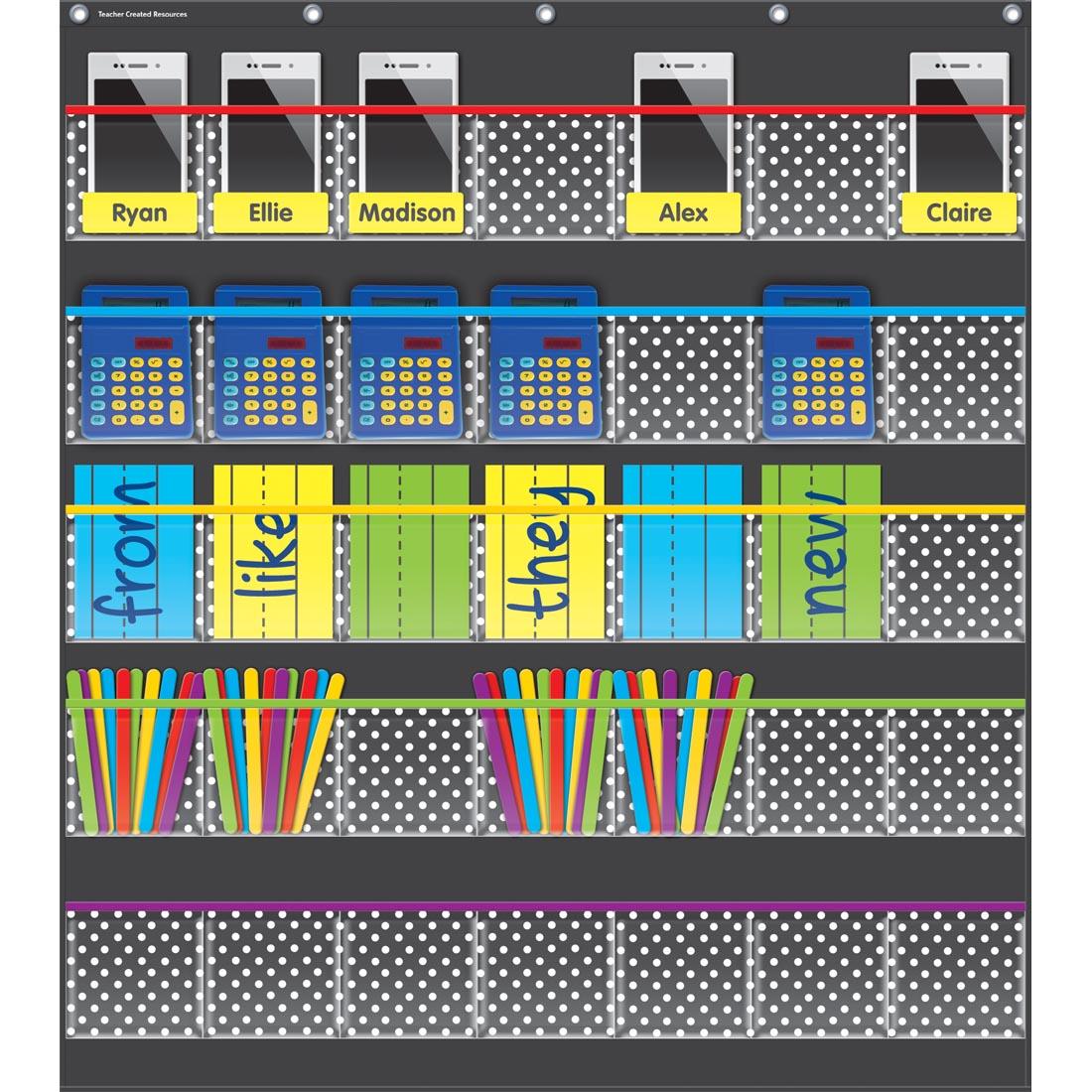 Polka Dots Storage Pocket Chart shown in use with suggested contents inserted