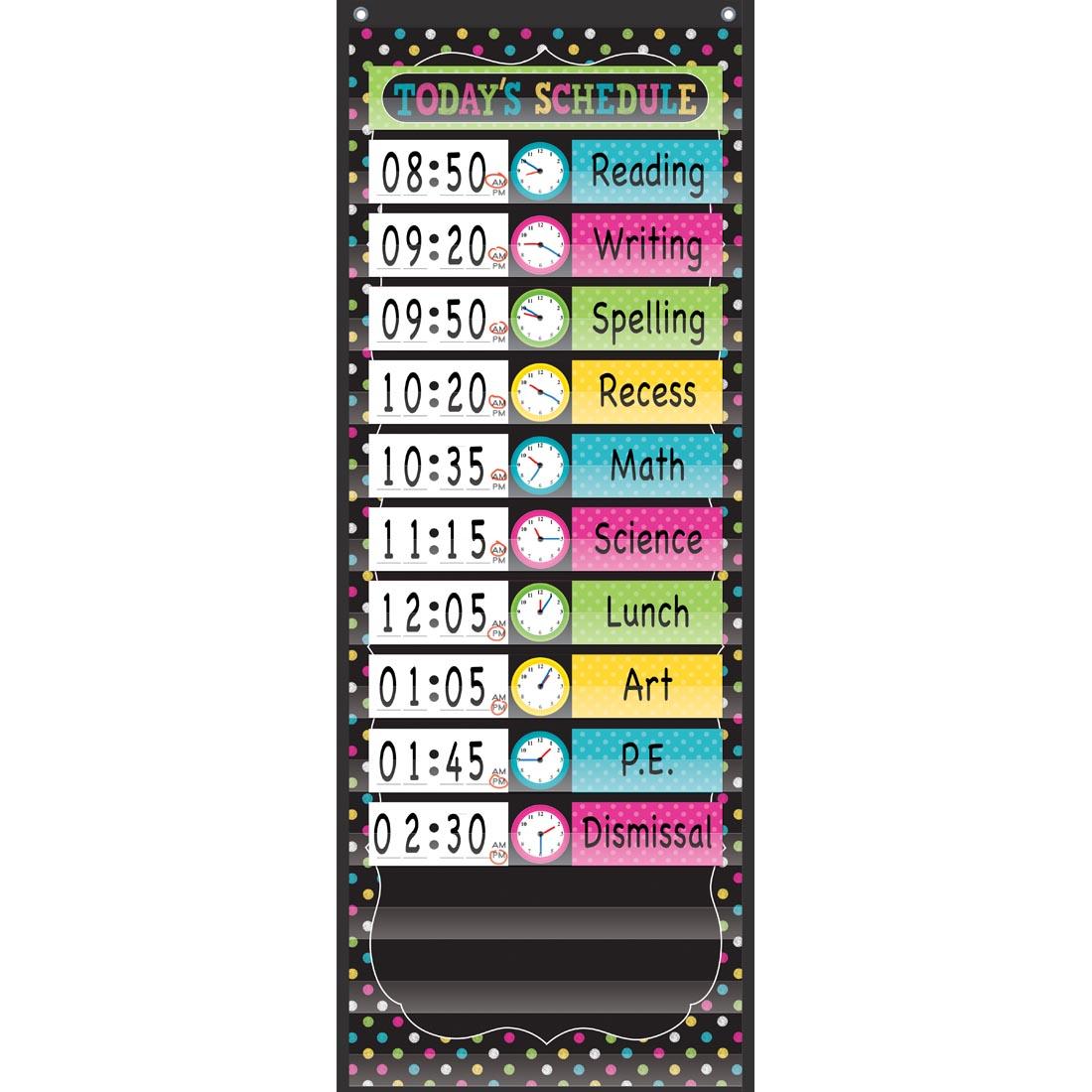 Chalkboard Brights 14-Pocket Daily Schedule Pocket Chart with example of how the cards can be written on