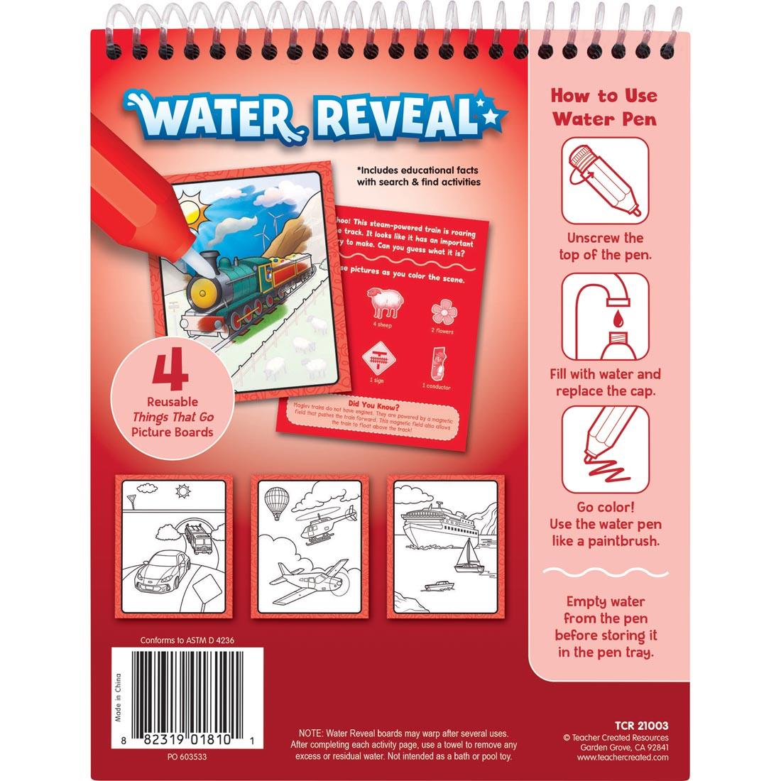 back cover of the Things That Go Water Reveal By Teacher Created Resources