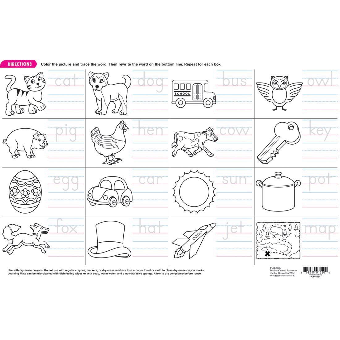 Back side of Printing Practice Dry Erase Learning Mat