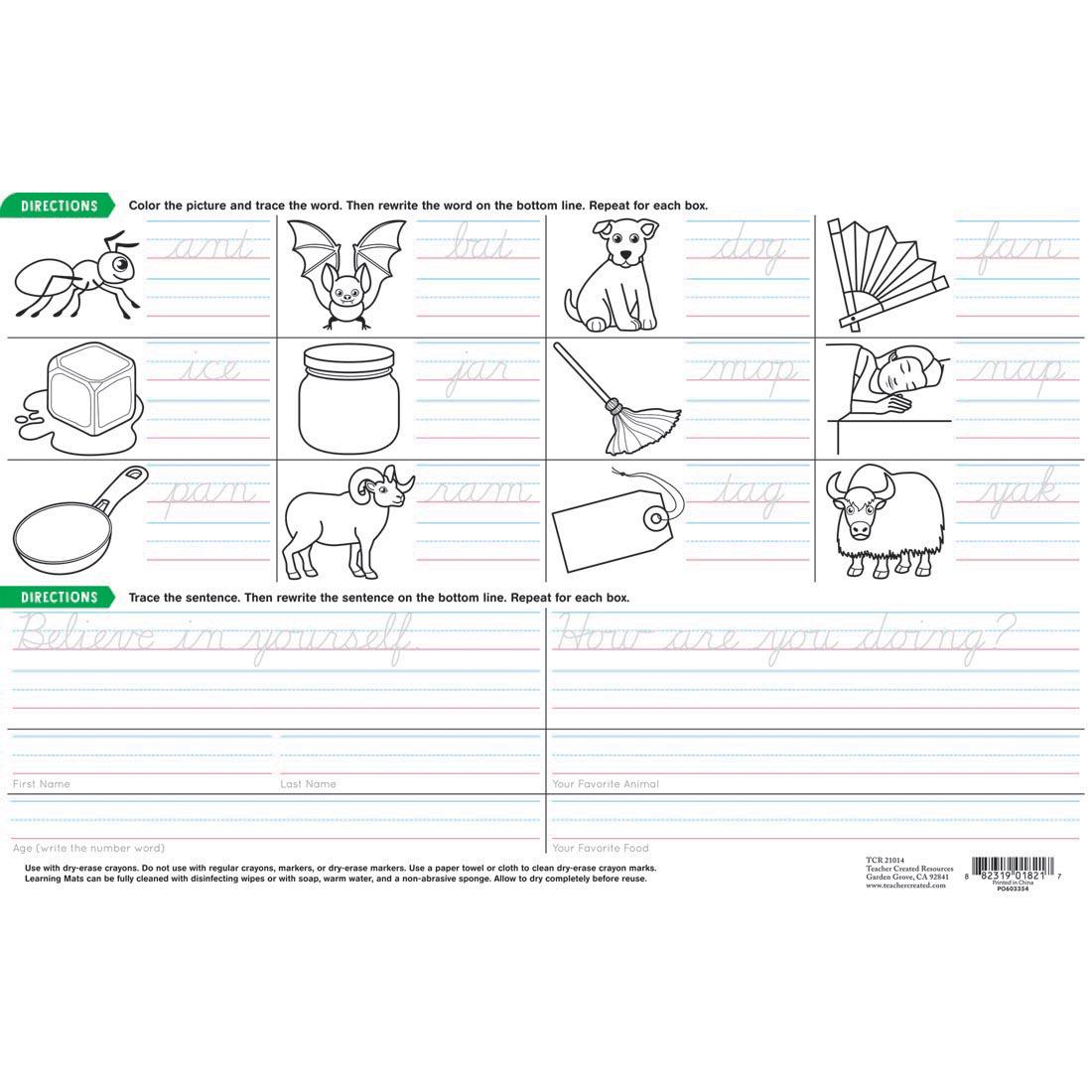 Back side of the Cursive Writing Practice Dry Erase Learning Mat