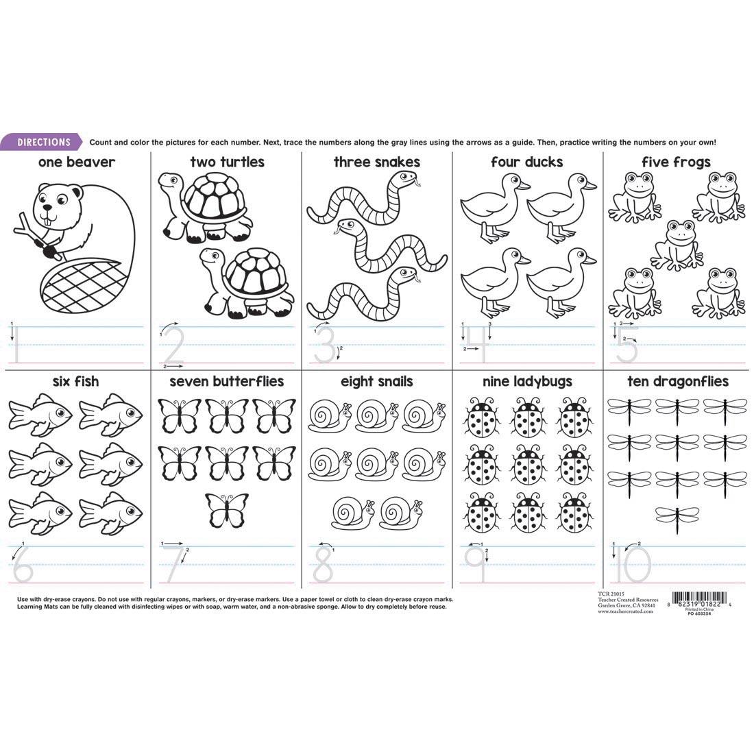 Back side of the Numbers 1-10 Dry Erase Learning Mat