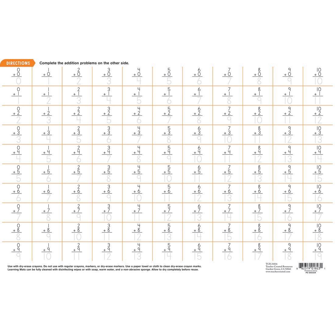 Back side of the Addition Dry Erase Learning Mat