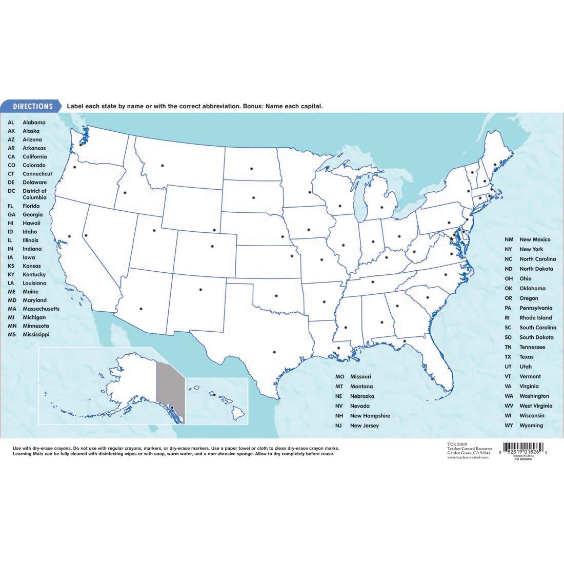 Back side of the United States of America Map Dry Erase Learning Mat