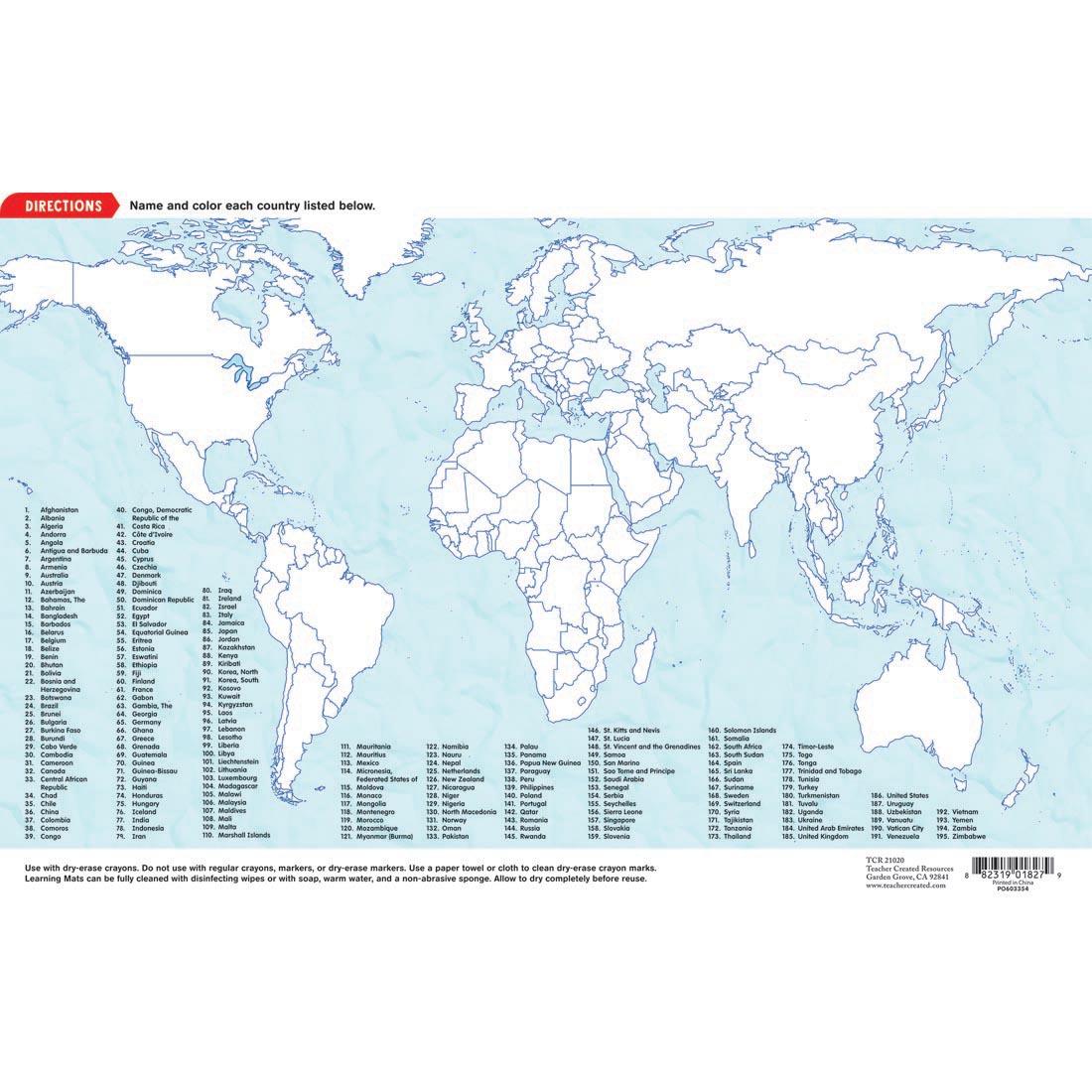 Back side of The World Map Dry Erase Learning Mat