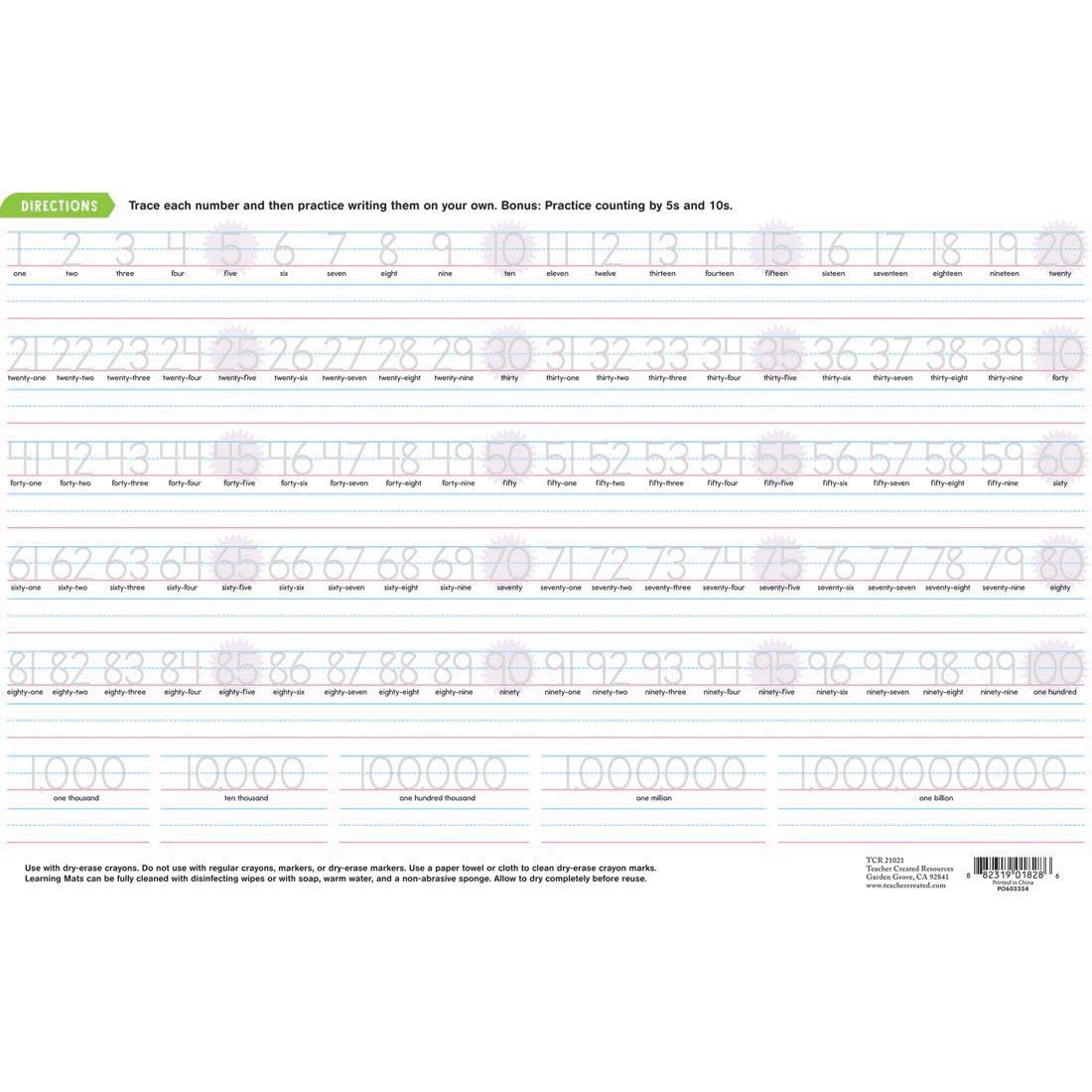 Back side of the Counting 1-100 Dry Erase Learning Mat