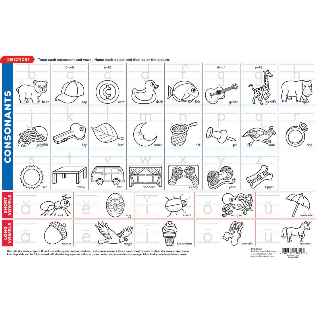 Back side of the Phonics Dry Erase Learning Mat