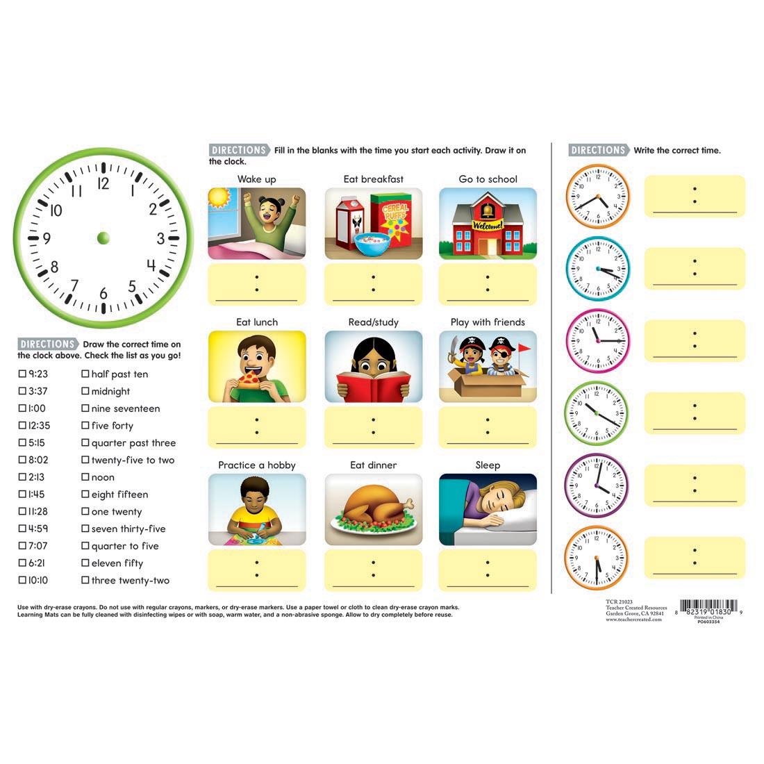 back side of the Time Dry Erase Learning Mat