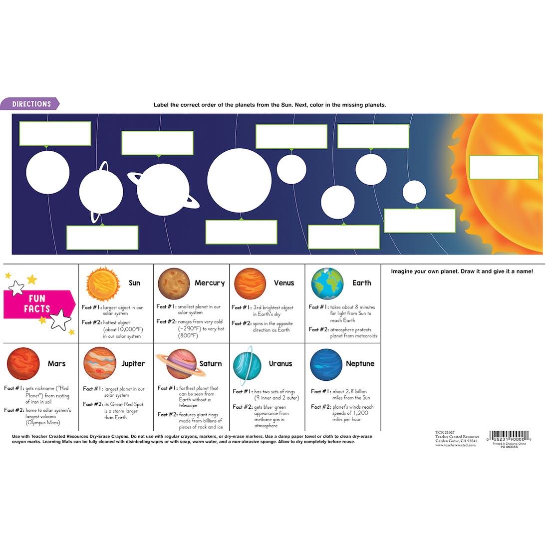 back of Solar System Learning Mat By Teacher Created Resources