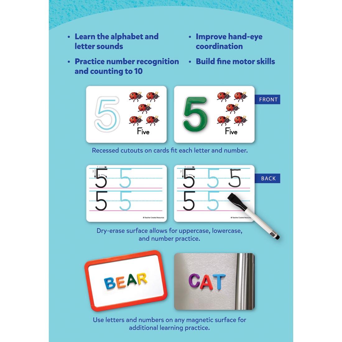 infographic about the benefits of Alphabet & Numbers Learning Cards By Teacher Created Resources