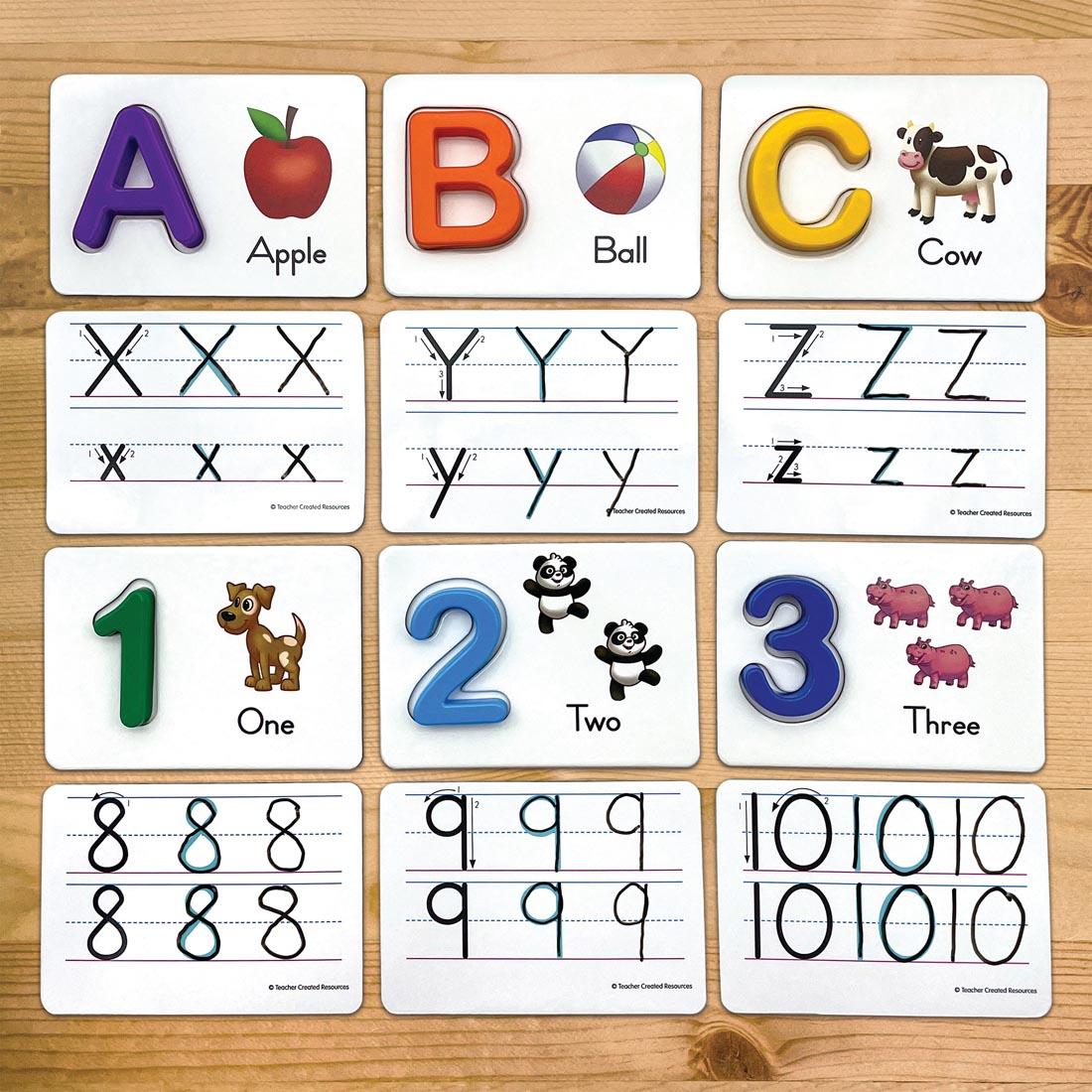 examples of completed lessons from the Alphabet & Numbers Learning Cards By Teacher Created Resources