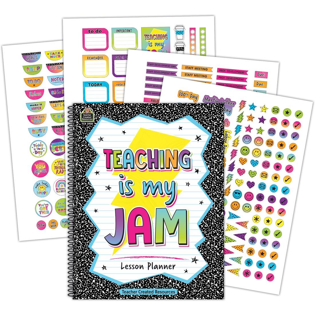 Front cover of the Brights 4Ever Lesson Planner By Teacher Created Resources on top of four sheets of planner stickers