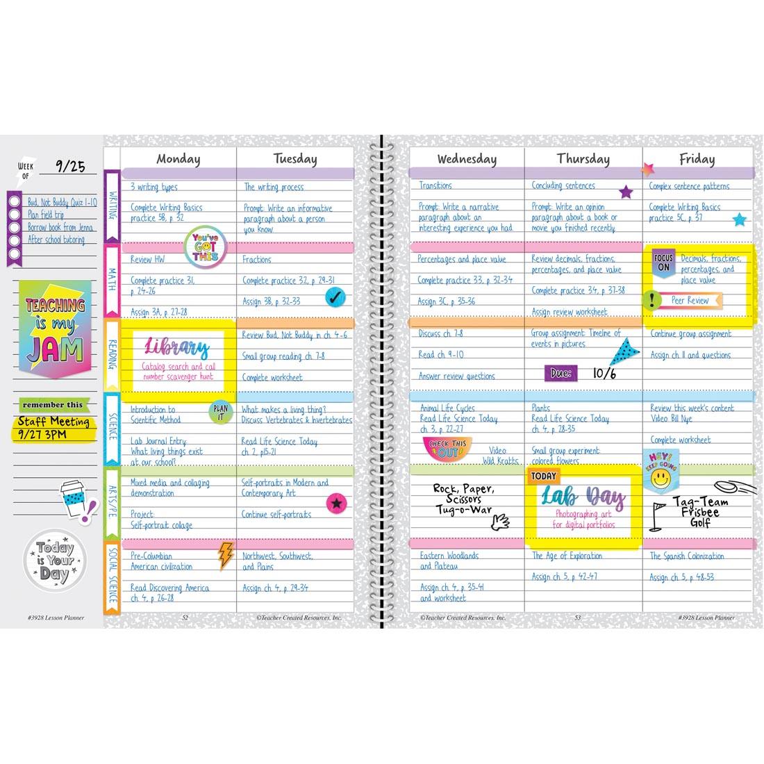 example of completed pages inside the Brights 4Ever Lesson Planner By Teacher Created Resources