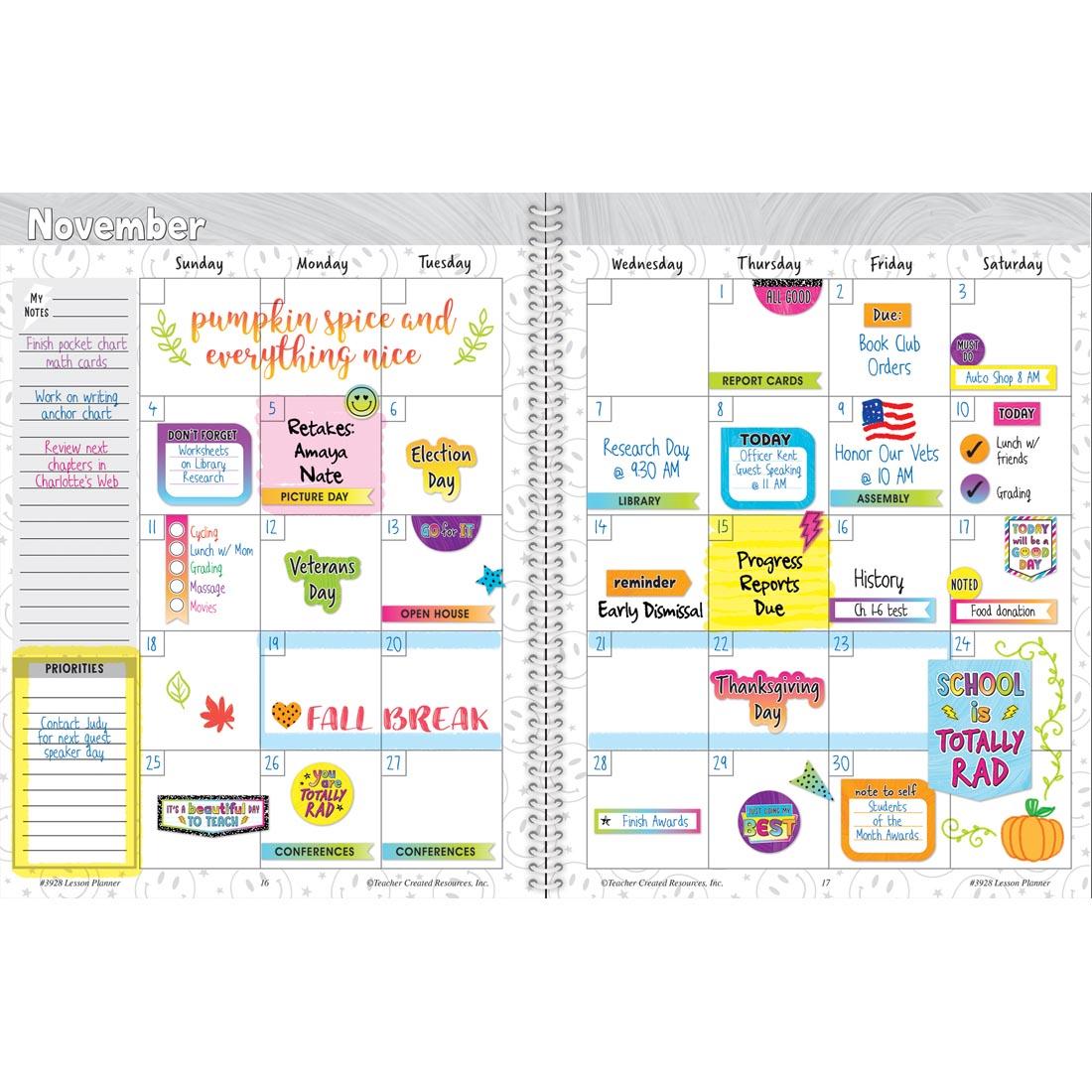 example of completed pages from inside the Brights 4Ever Lesson Planner By Teacher Created Resources