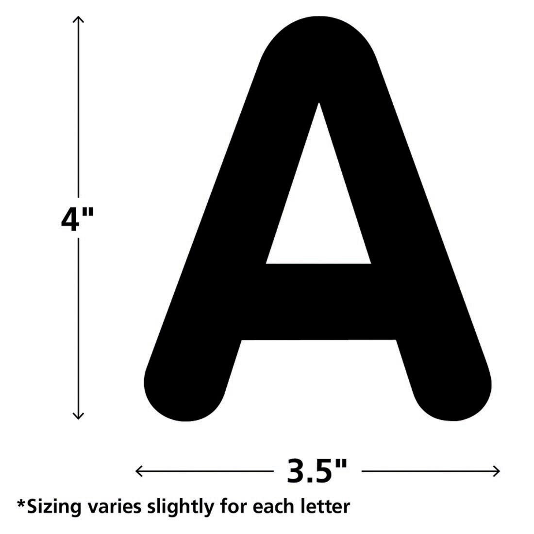 The letter A included in the Black Classic 4" Uppercase Letters labeled with measurements 4" x 3.5" and text *Sizing varies slightly for each letter