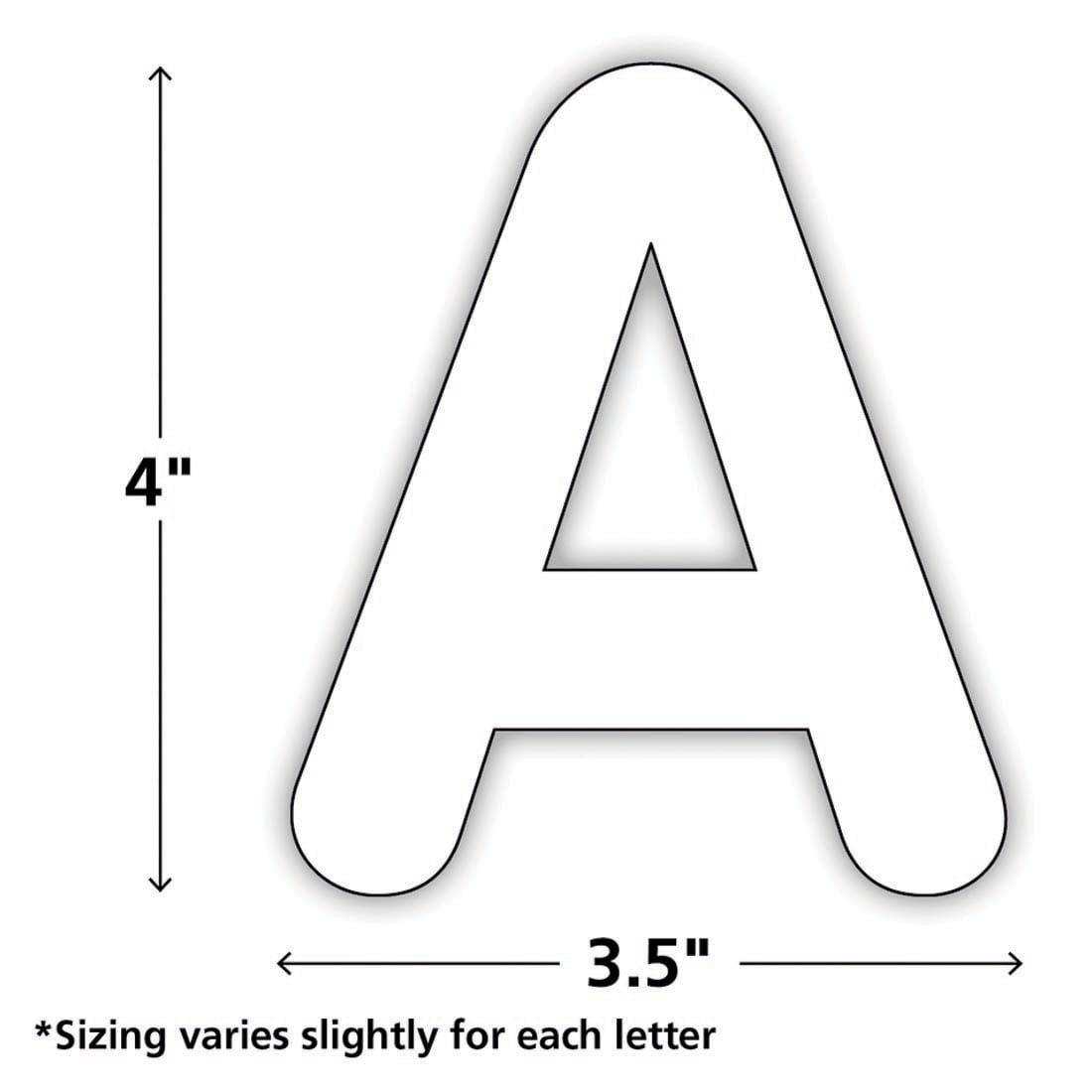 The letter A from the White Classic 4" Uppercase Letters labeled with measurements 4" x 3.5" and text *Sizing varies slightly for each letter