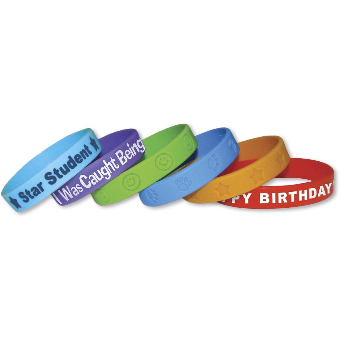Assorted Wristbands with the words star student, I was caught being good, and happy birthday