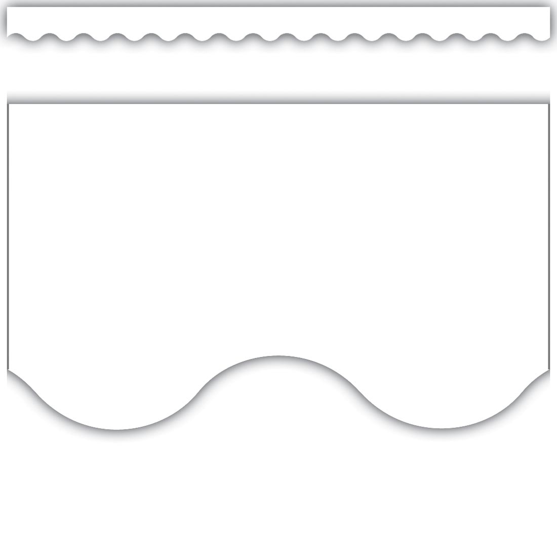 White Scalloped Border Trim By Teacher Created Resources, showing a small, full strip at the top and a larger close-up