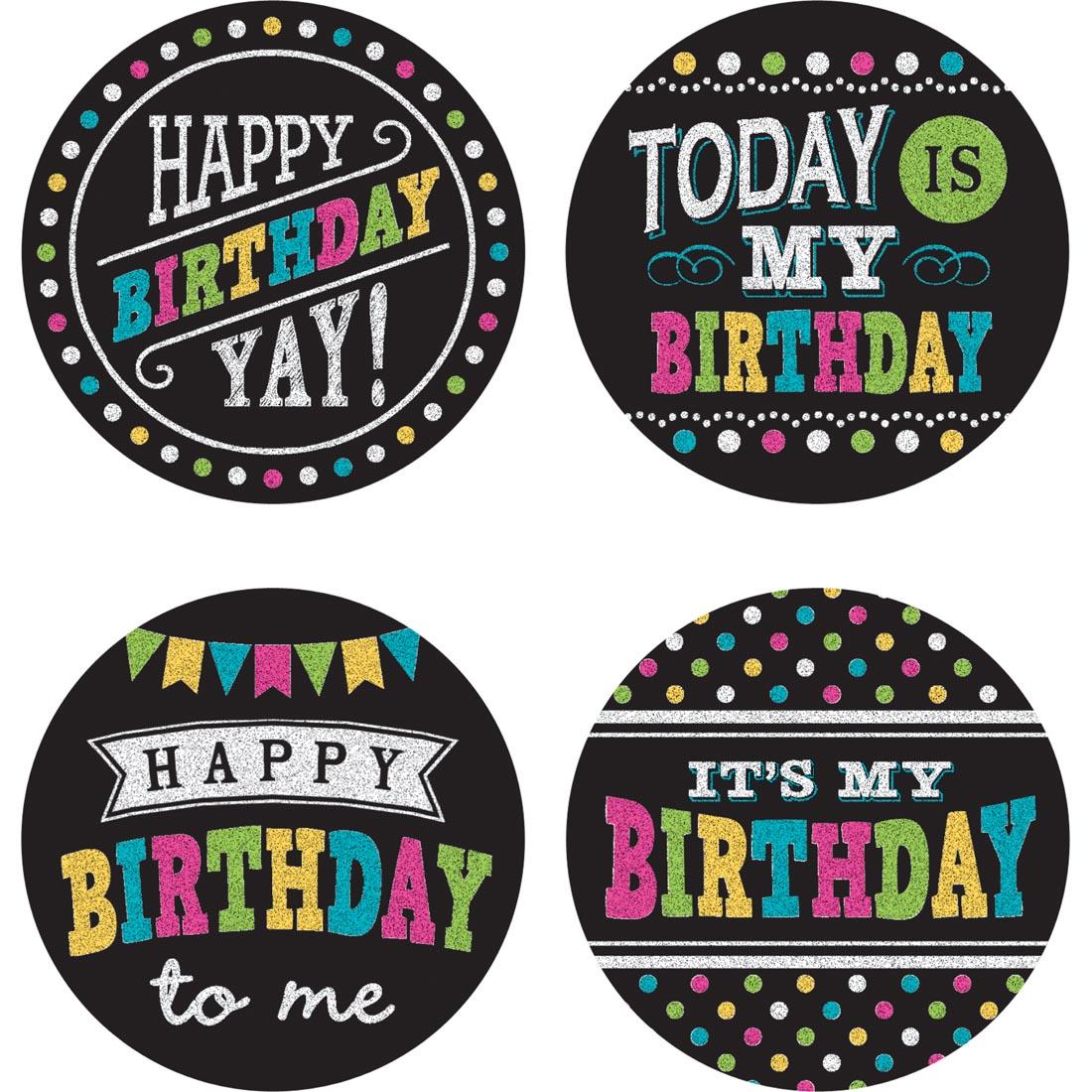 Happy Birthday Wear 'Em Badges from the Chalkboard Brights collection by Teacher Created Resources
