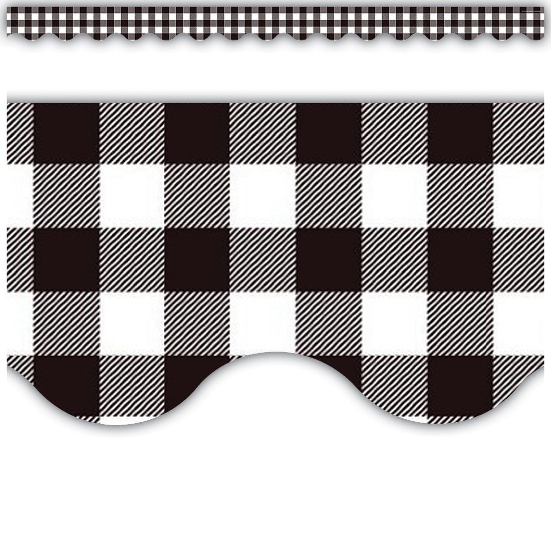 full strip plus a closeup of the Black and White Gingham Scalloped Border Trim By Teacher Created Resources