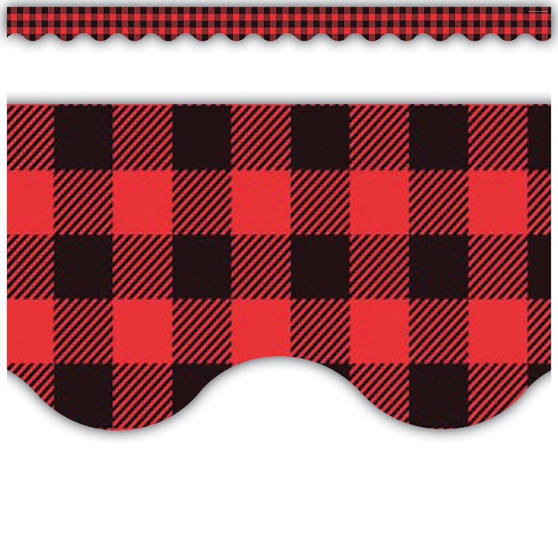 full strip plus a closeup of the Red and Black Gingham Scalloped Border Trim By Teacher Created Resources