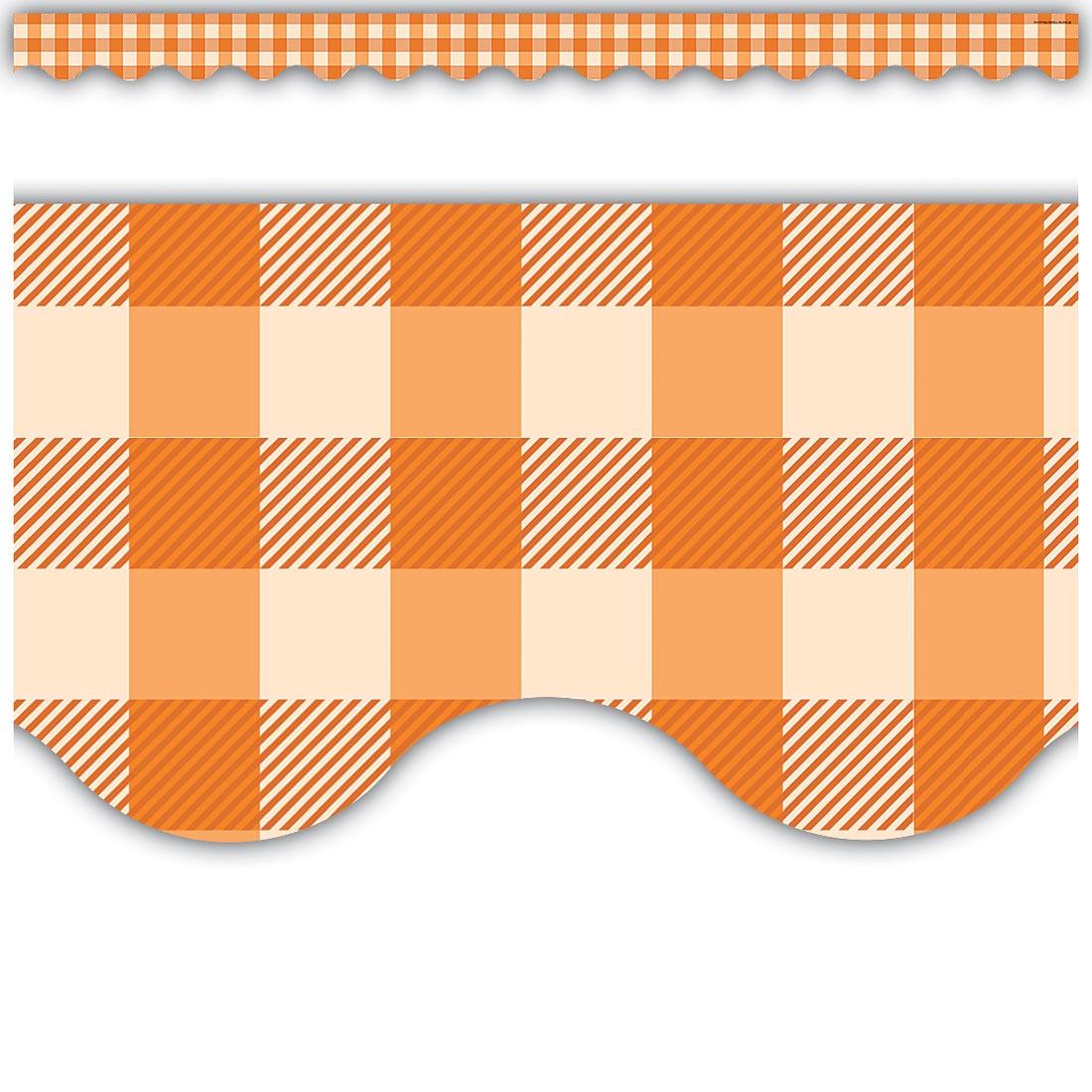 full strip plus a closeup of Orange Gingham Scalloped Border Trim By Teacher Created Resources
