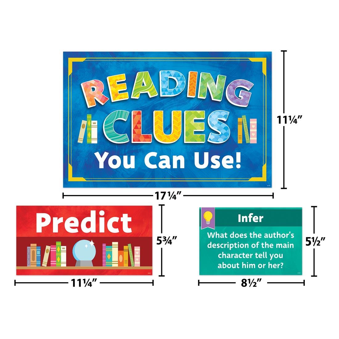 3 pieces from the Reading Strategies Bulletin Board Set By Teacher Created Resources each labeled with their measurements