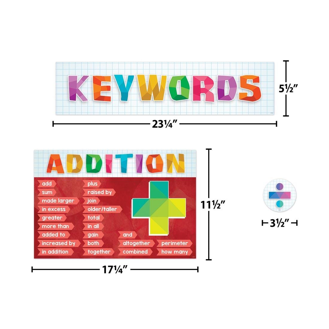 3 pieces of Math Keywords Bulletin Board Set By Teacher Created Resources each labeled with their measurements