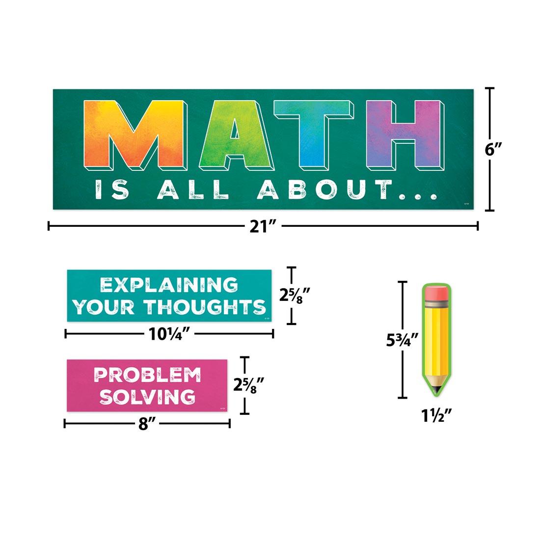4 pieces of the Math is All About Mini Bulletin Board Set By Teacher Created Resources each labeled with their measurements