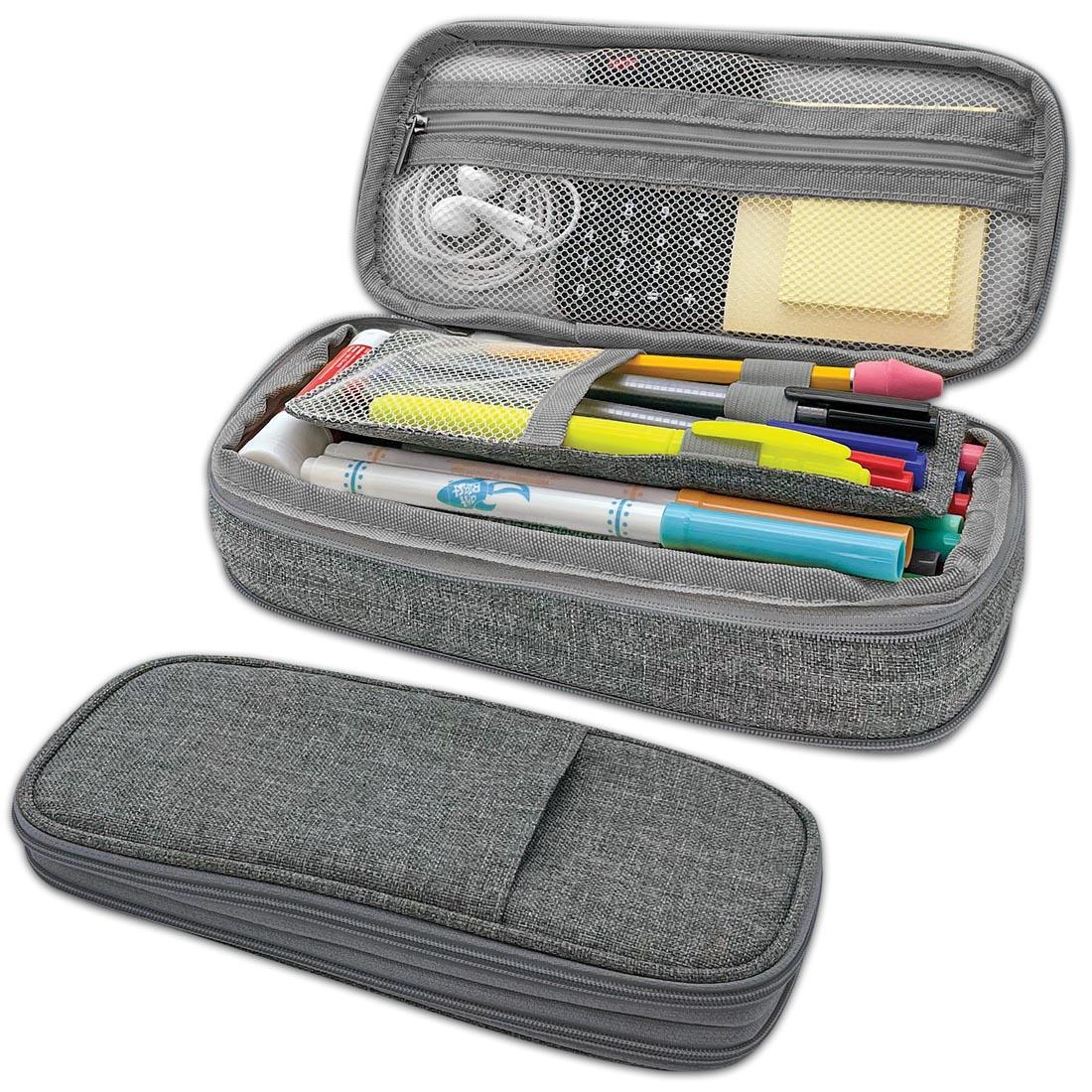 Gray Pencil Case shown both closed and open with suggested contents inside