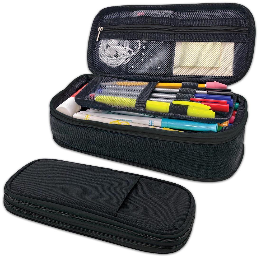 Black Pencil Case shown both closed and open with suggested contents inside