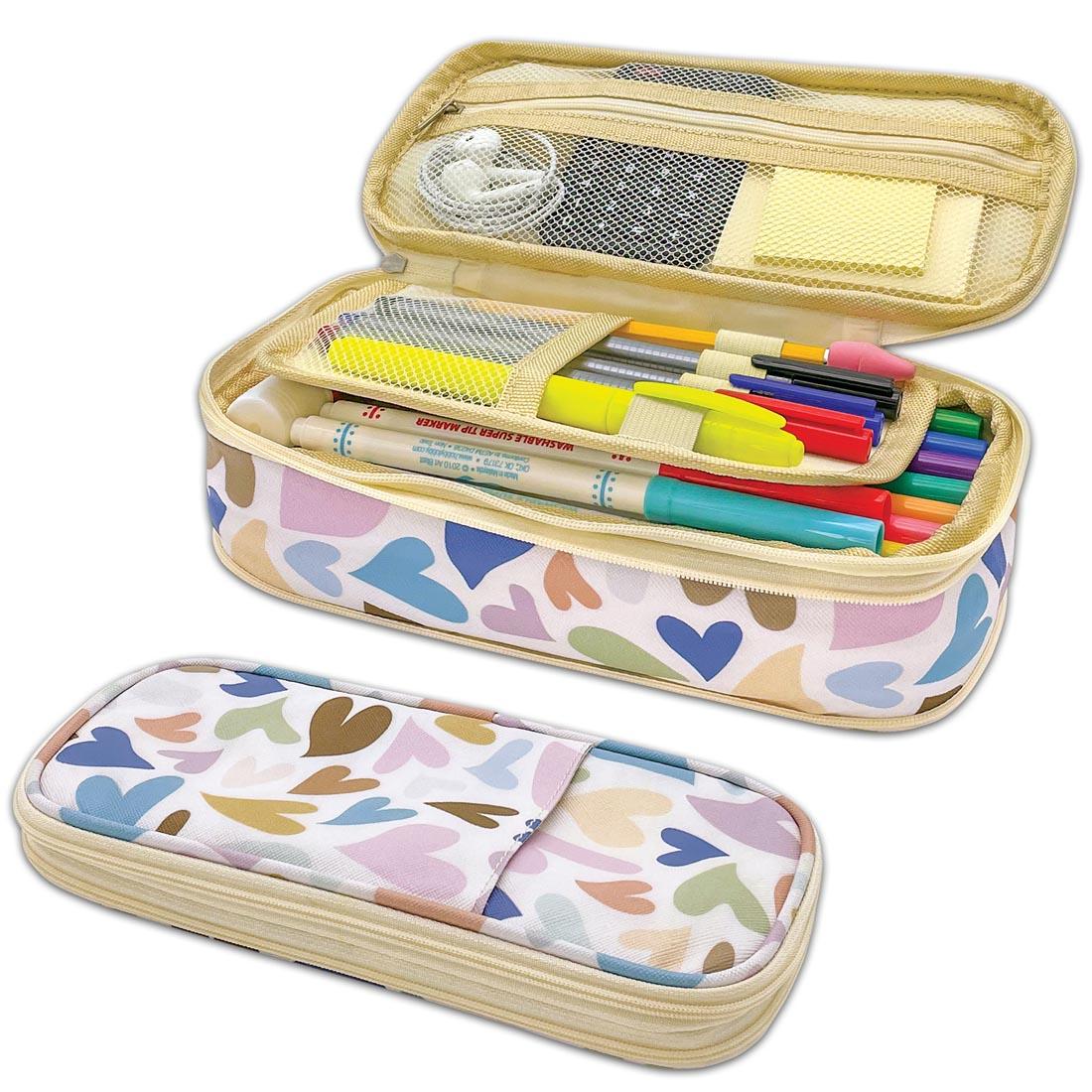 Hearts Pencil Case from the Everyone is Welcome collection shown both closed and open with suggested contents inside