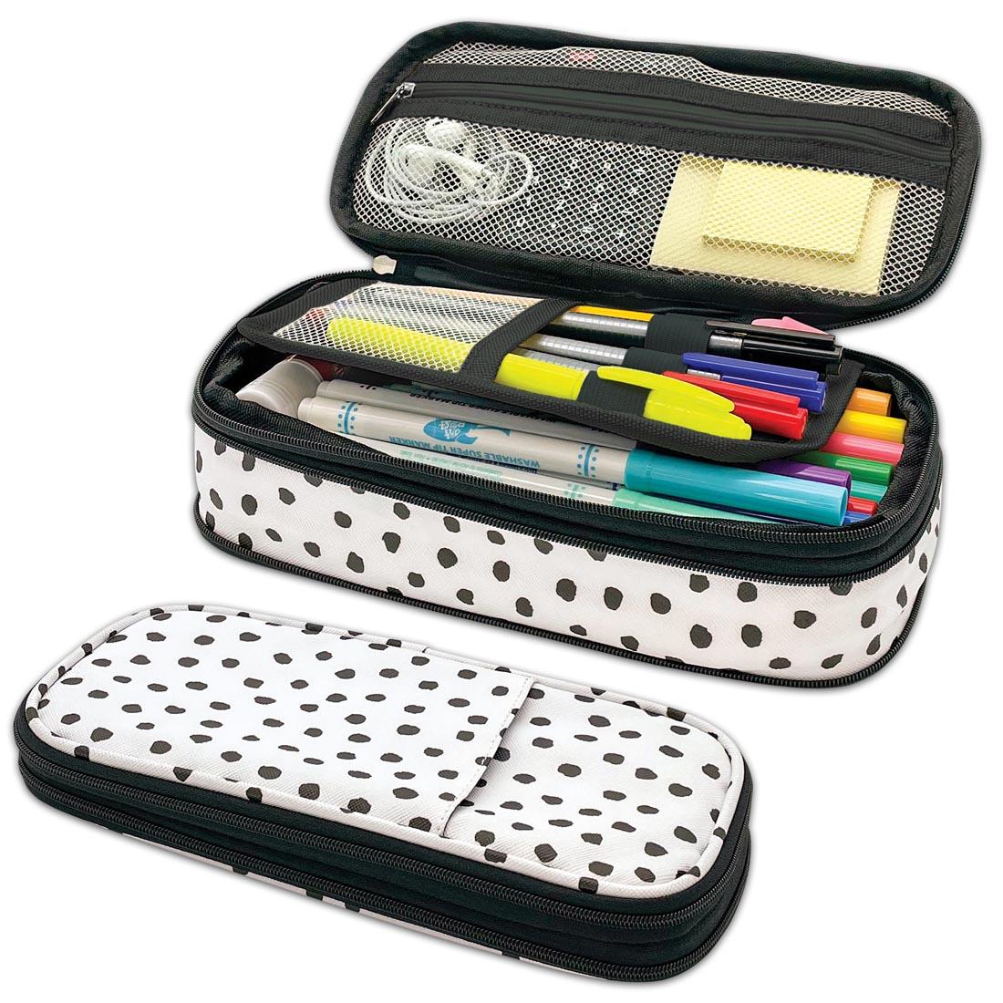 Black Painted Dots On White Pencil Case shown both closed and open with suggested contents inside