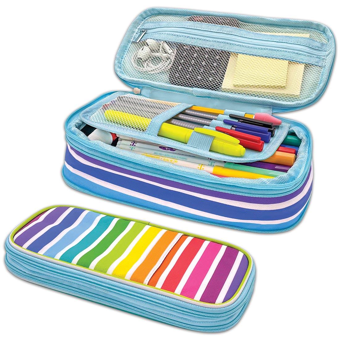 Colorful Stripes Pencil Case shown both closed and open with suggested contents inside