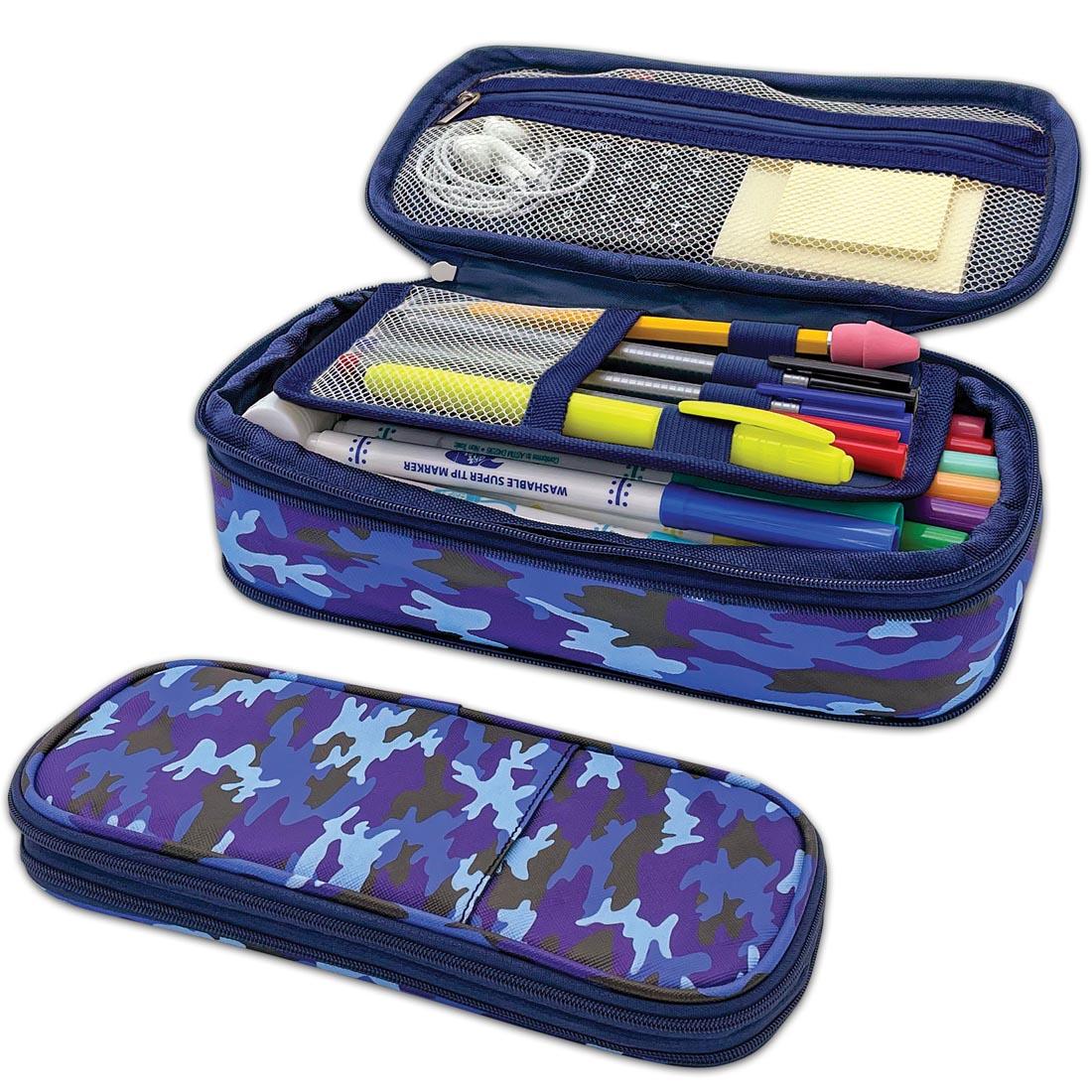 Blue Camo Pencil Case shown both closed and open with suggested contents inside