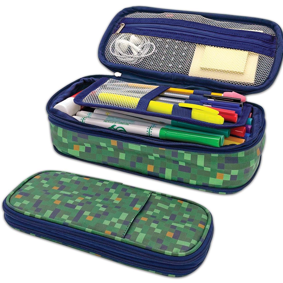 Pixels Pencil Case shown both closed and open with suggested contents inside