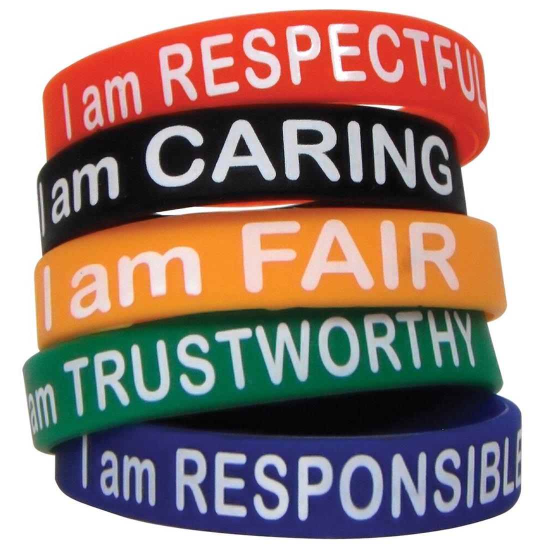 Character Traits Wristbands read I am respectful, caring, fair, trustworthy, responsible