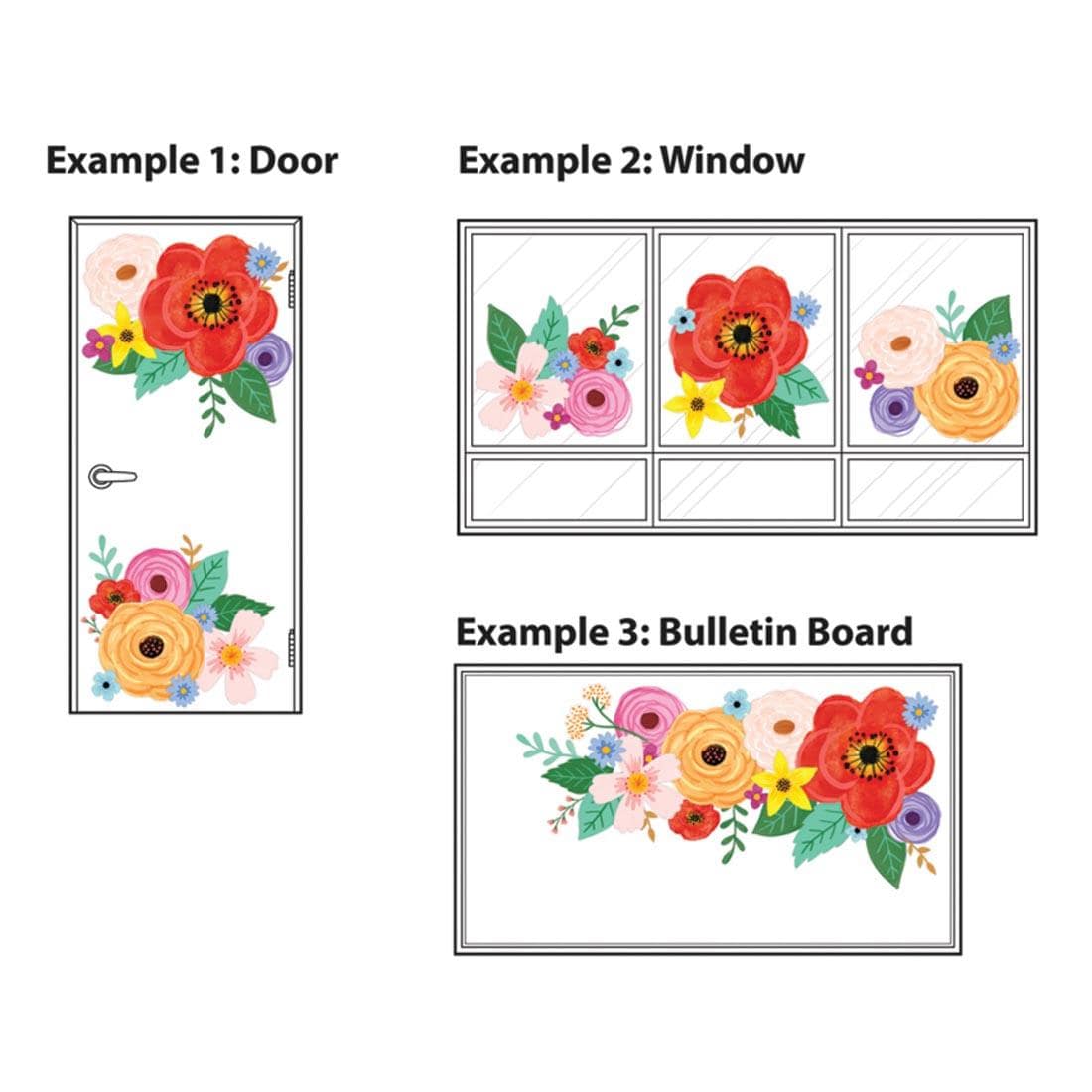 labeled examples of using the Bulletin Board Set from the Wildflowers collection by Teacher Created Resources to decorate a Door, Window and Bulletin Board