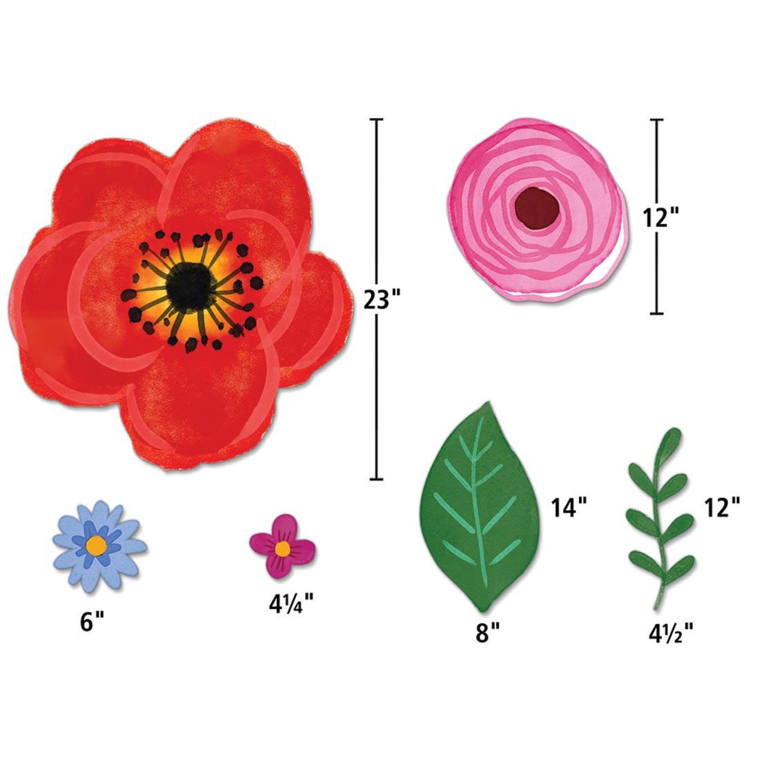 6 pieces of the Bulletin Board Set from the Wildflowers collection by Teacher Created Resources labeled with their measurements