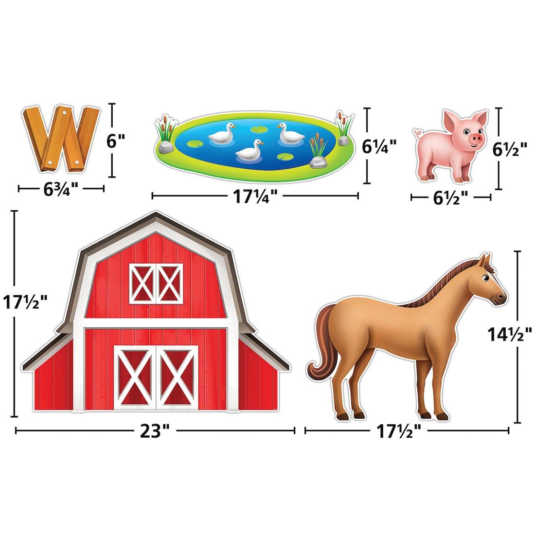 5 pieces of The Farm Bulletin Board Set By Teacher Created Resources each labeled with their measurements