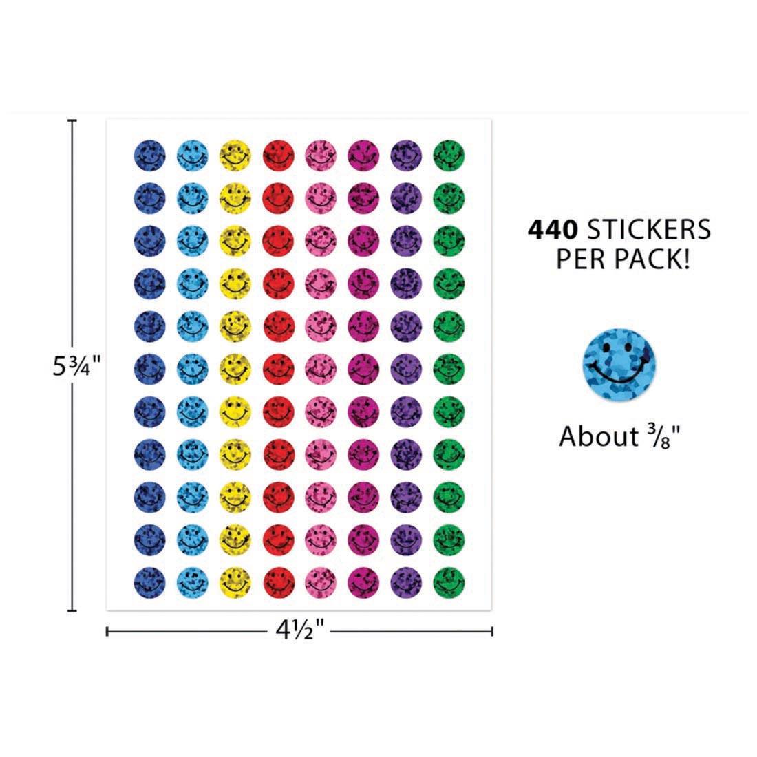 sheet of Happy Face Sparkle Mini Stickers By Teacher Created Resources labeled with measurments 5-3/4" and 4-1/2" plus text 440 Stickers Per Pack! About 3/8"