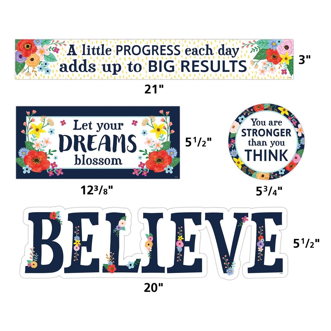 4 pieces of the Mini Bulletin Board Set from the Wildflowers collection by Teacher Created Resources labeled with their measurements