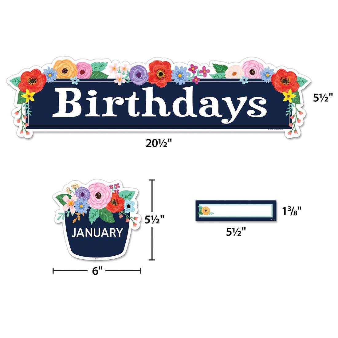 3 pieces from the Happy Birthday Mini Bulletin Board Set from the Wildflowers collection by Teacher Created Resources labeled with their measurements