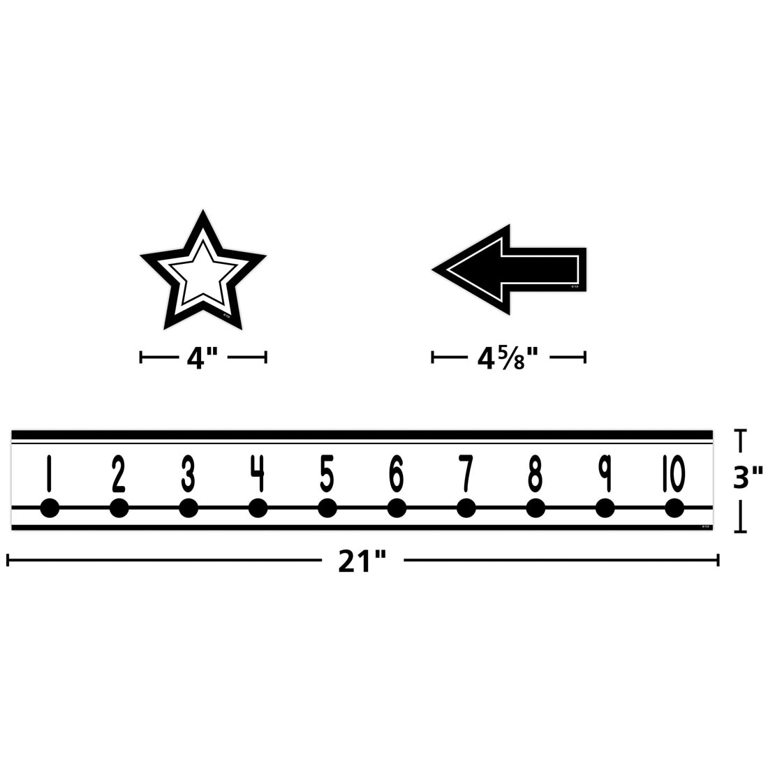 3 pieces from the Black and White Number Line -20 to 120 Mini Bulletin Board Set By Teacher Created Resources labeled with their measurements