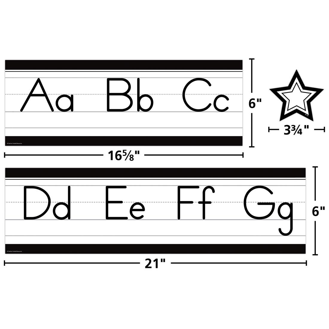 components of the Black and White Alphabet Line Mini Bulletin Board Set labeled with measurements: 6x16-5/8"; 3-3/4"; 6x21"