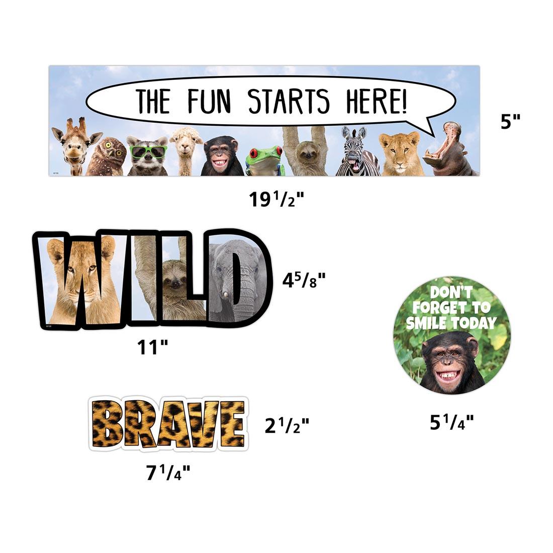 4 pieces of the Mini Bulletin Board Set from the Go Wild Animals collection by Teacher Created Resources labeled with their measurements