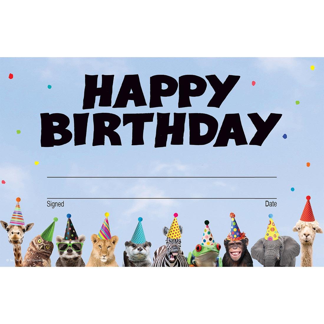 Happy Birthday Award from the Go Wild Animals collection by Teacher Created Resources