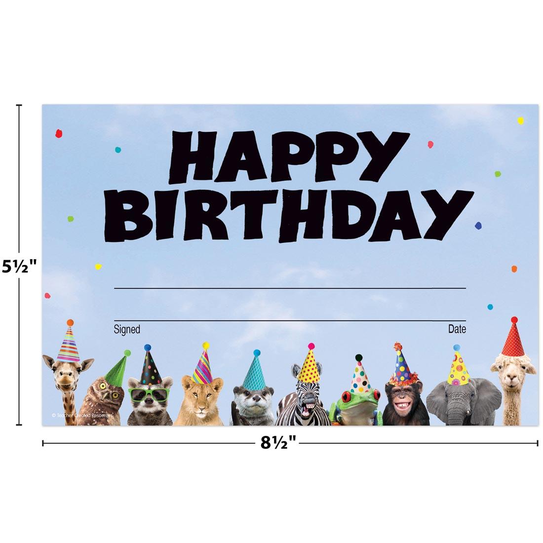 Happy Birthday Award from the Go Wild Animals collection by Teacher Created Resources labeled with measurements 5-1/2" and 8-1/2"