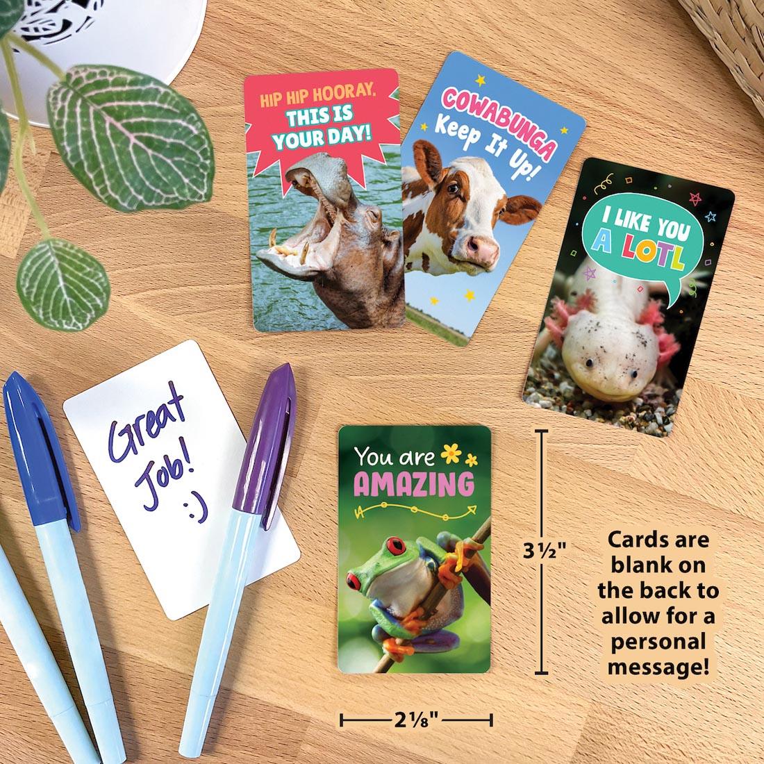 Encouragement Cards from the Go Wild Animals collection by Teacher Created Resources plus text Cards are blank on the back to allow for a personal message! 3-1/2x2-1/8"; handwritten Great Job!