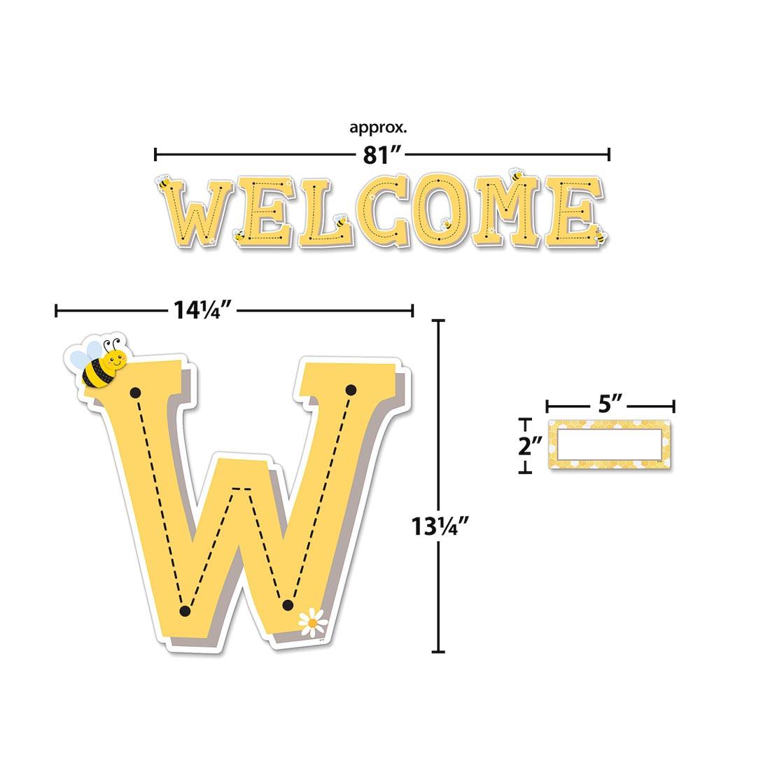 3 pieces of the Welcome Bulletin Board Set from the Buzzing Bees collection By Teacher Created Resources each labeled with their measurements